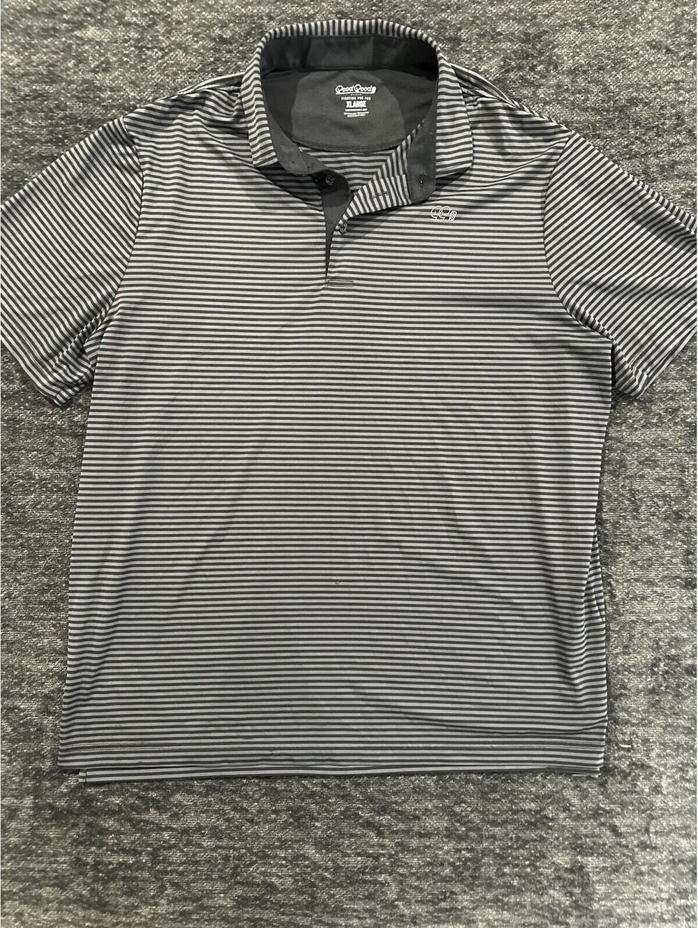 0045 Good Good Men's Gray Black Striped Short Sleeve Collared Logo Polo XL